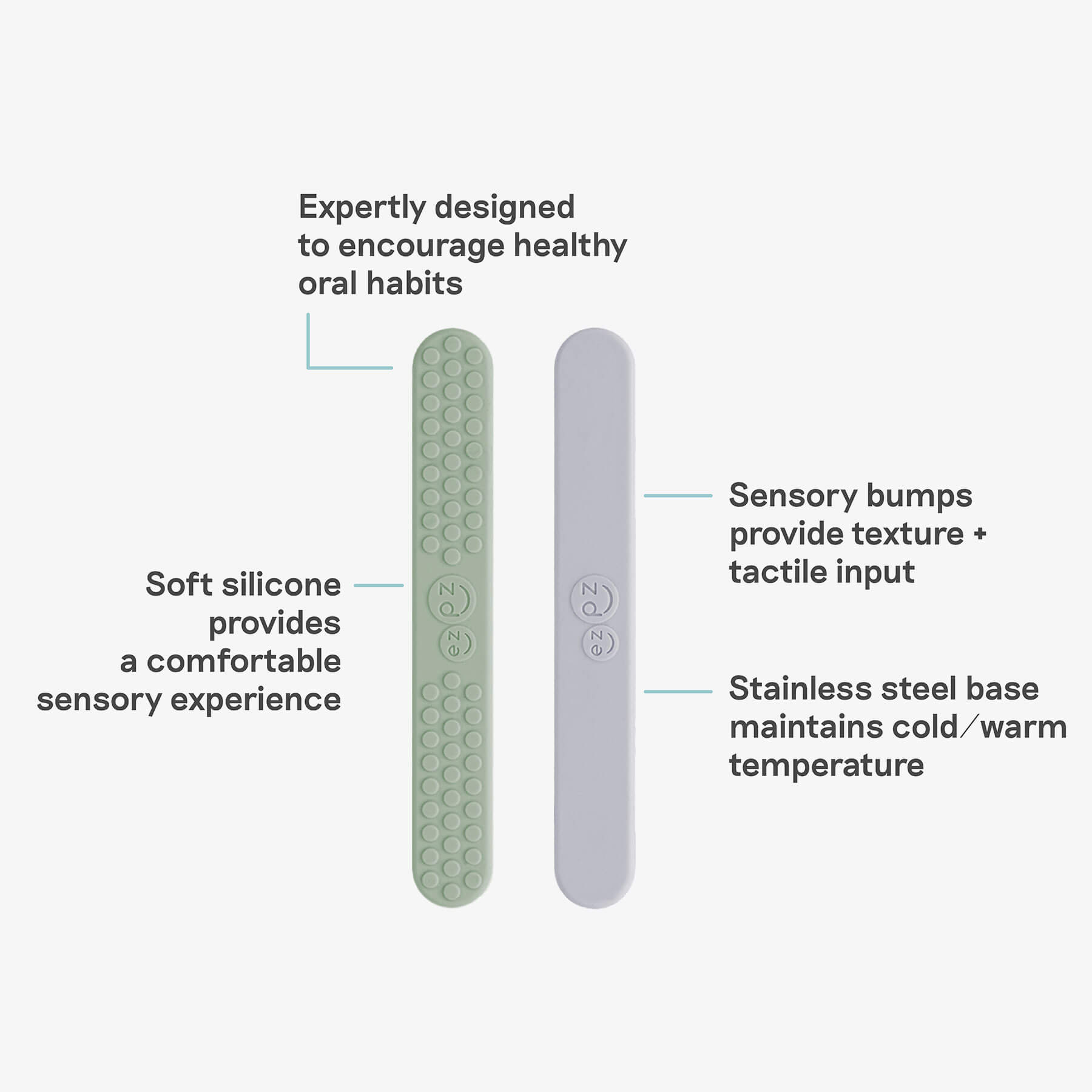 ezpz sensory tongue depressor in sage green and pewter gray / silicone tongue depressor for babies #color_sage-pewter