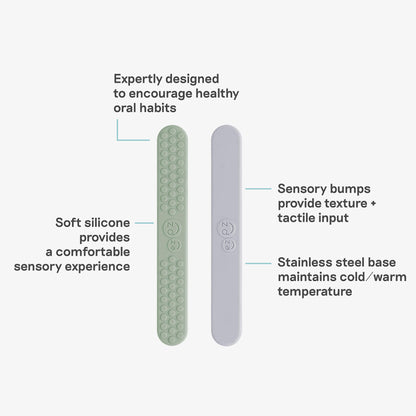 ezpz sensory tongue depressor in sage green and pewter gray / silicone tongue depressor for babies 