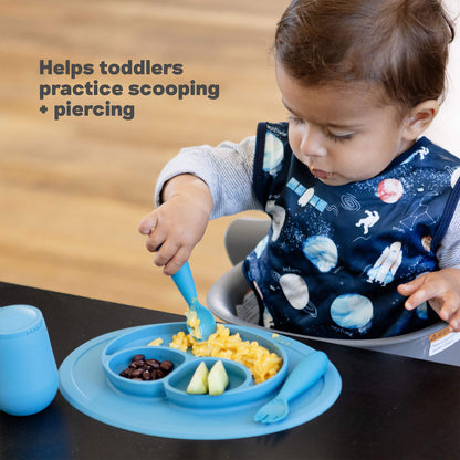 ezpz Developmental Utensil Set helps toddlers practice scooping and piercing