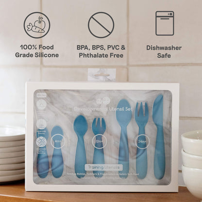 ezpz Developmental Utensil Set helps older toddlers eat with a spoon and fork and safely practice using a knife