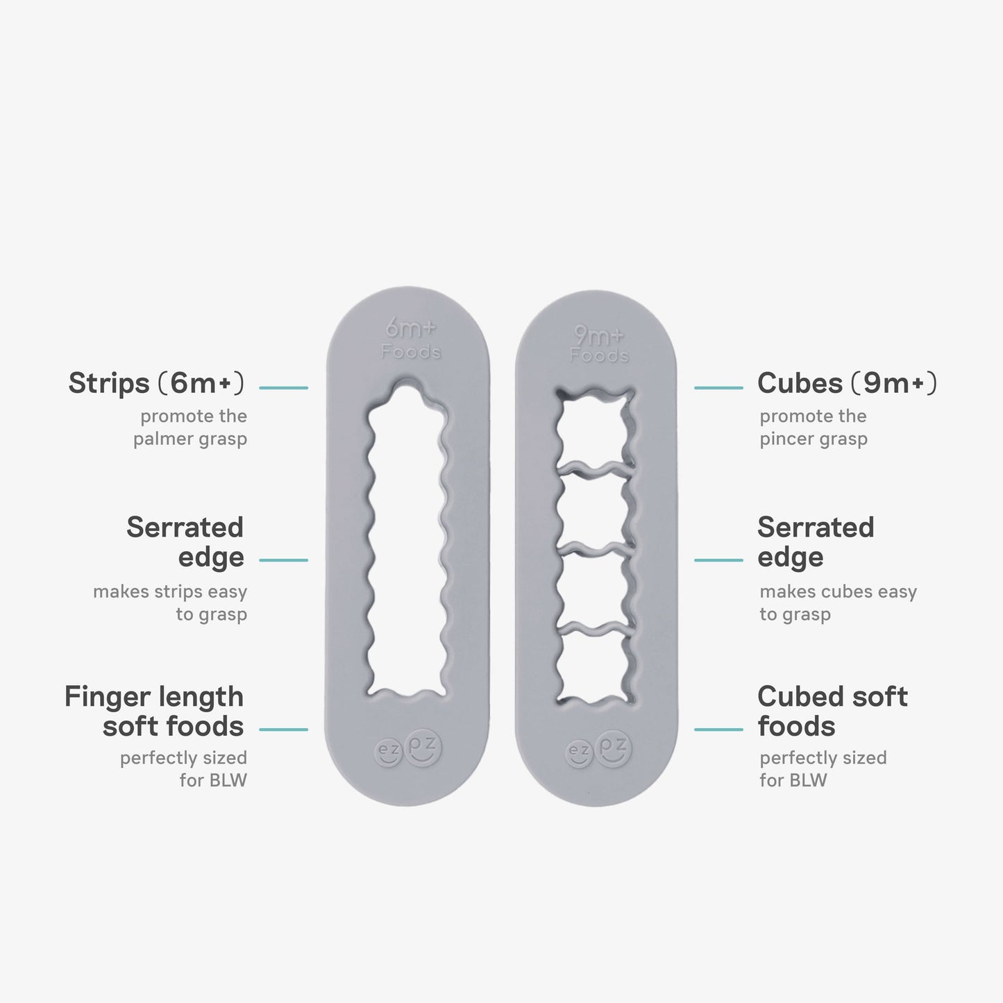 ezpz Baby-Led Weaning Food Cutters in Pewter Gray / 6 months and 9 months feeding milestones