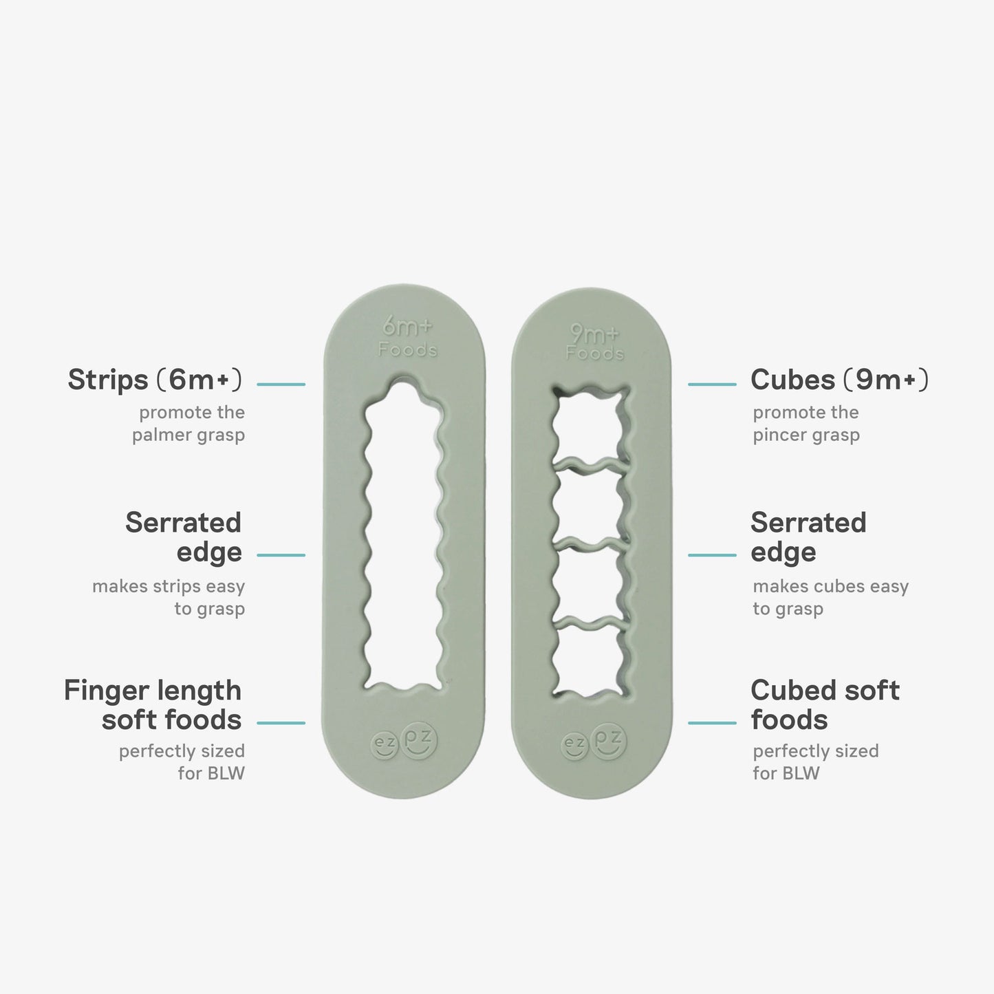 ezpz Baby-Led Weaning Food Cutters in Sage Green / 6 months and 9 months feeding milestones