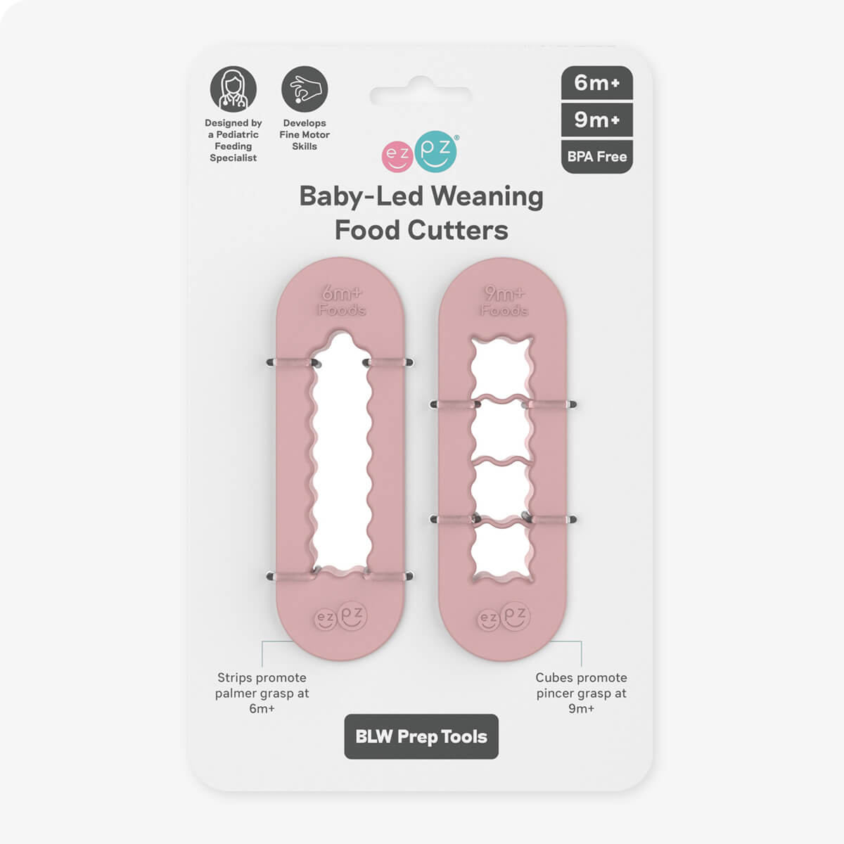 ezpz Baby-Led Weaning Food Cutters in Blush Pink / 6 months and 9 months feeding milestones