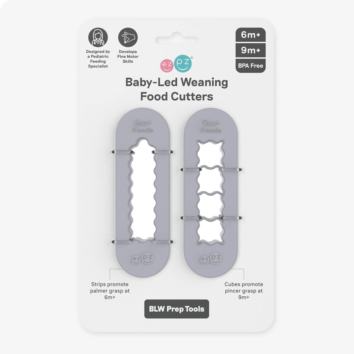 ezpz Baby-Led Weaning Food Cutters in Pewter Gray / 6 months and 9 months feeding milestones