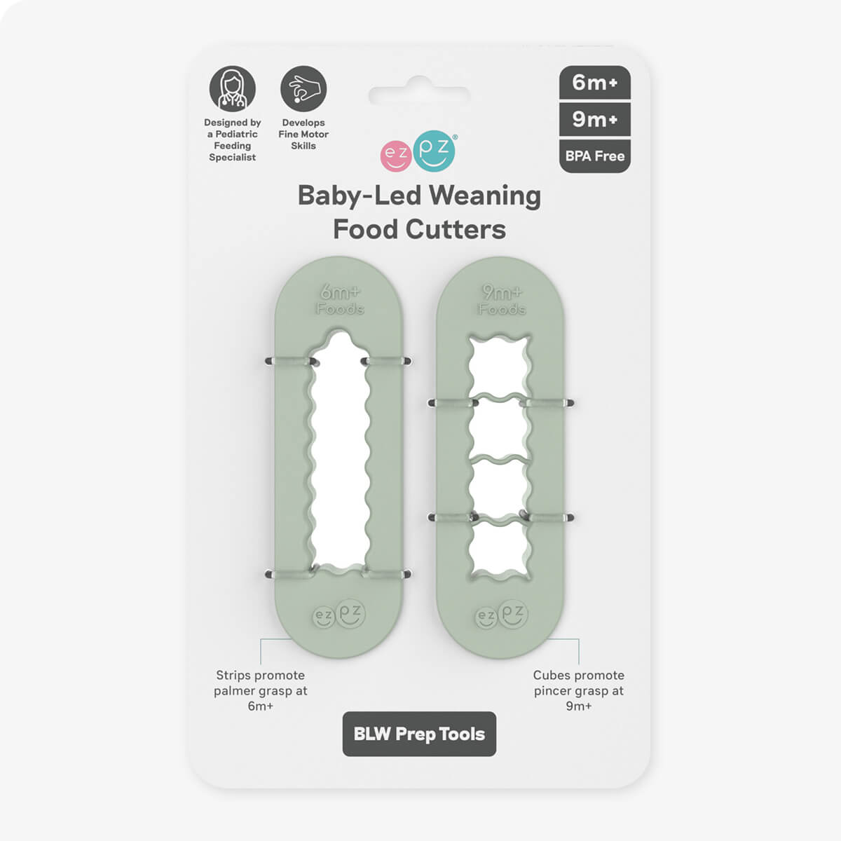 ezpz Baby-Led Weaning Food Cutters in Sage Green / 6 months and 9 months feeding milestones