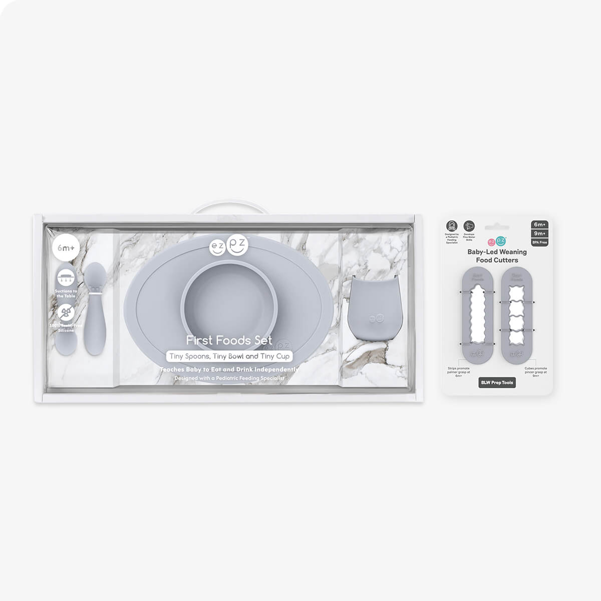 ezpz First Foods Set in Pewter Gray and Baby Led Food Cutters Bundle