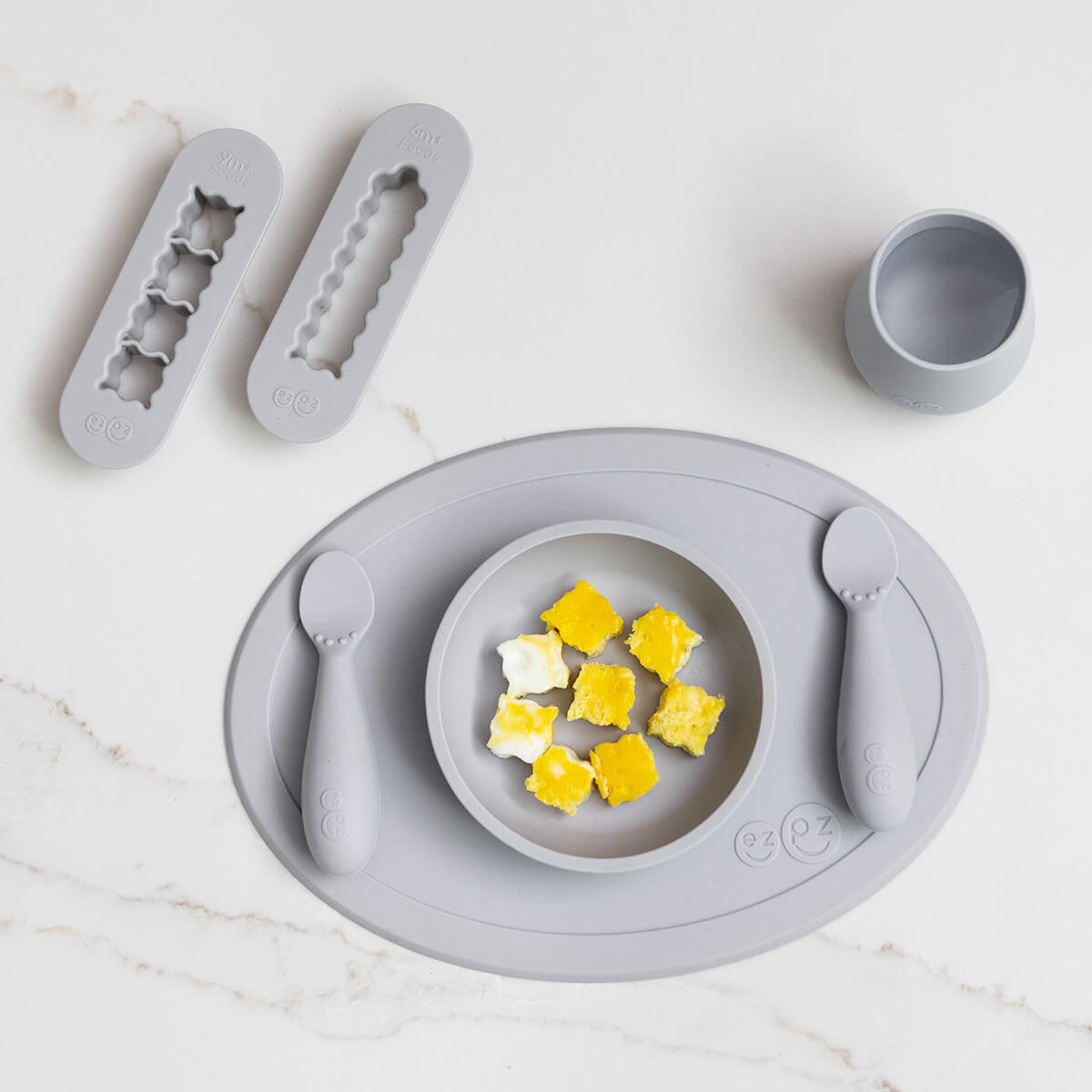 ezpz First Foods Set in Pewter Gray and Baby Led Food Cutters Bundle