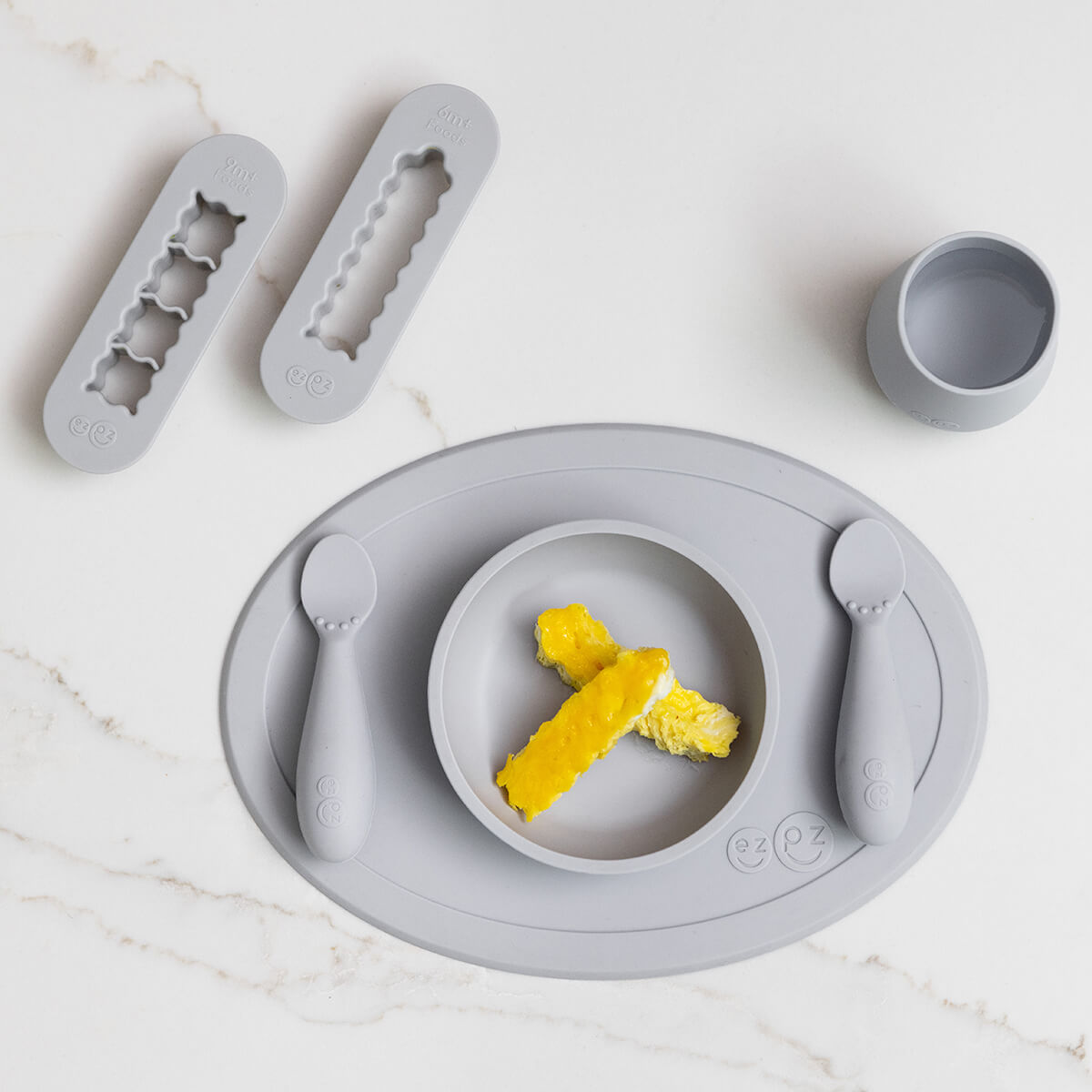 ezpz First Foods Set in Pewter Gray and Baby Led Food Cutters Bundle