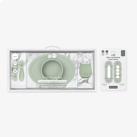 ezpz First Foods Set in Sage Green and Baby Led Food Cutters Bundle