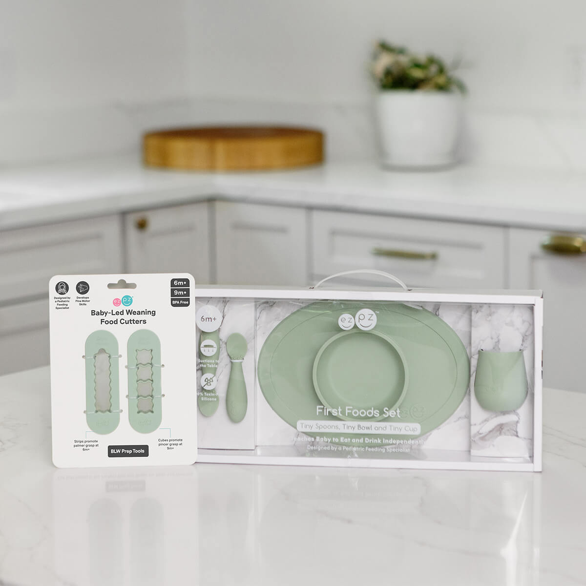 ezpz First Foods Set in Sage Green and Baby Led Food Cutters Bundle