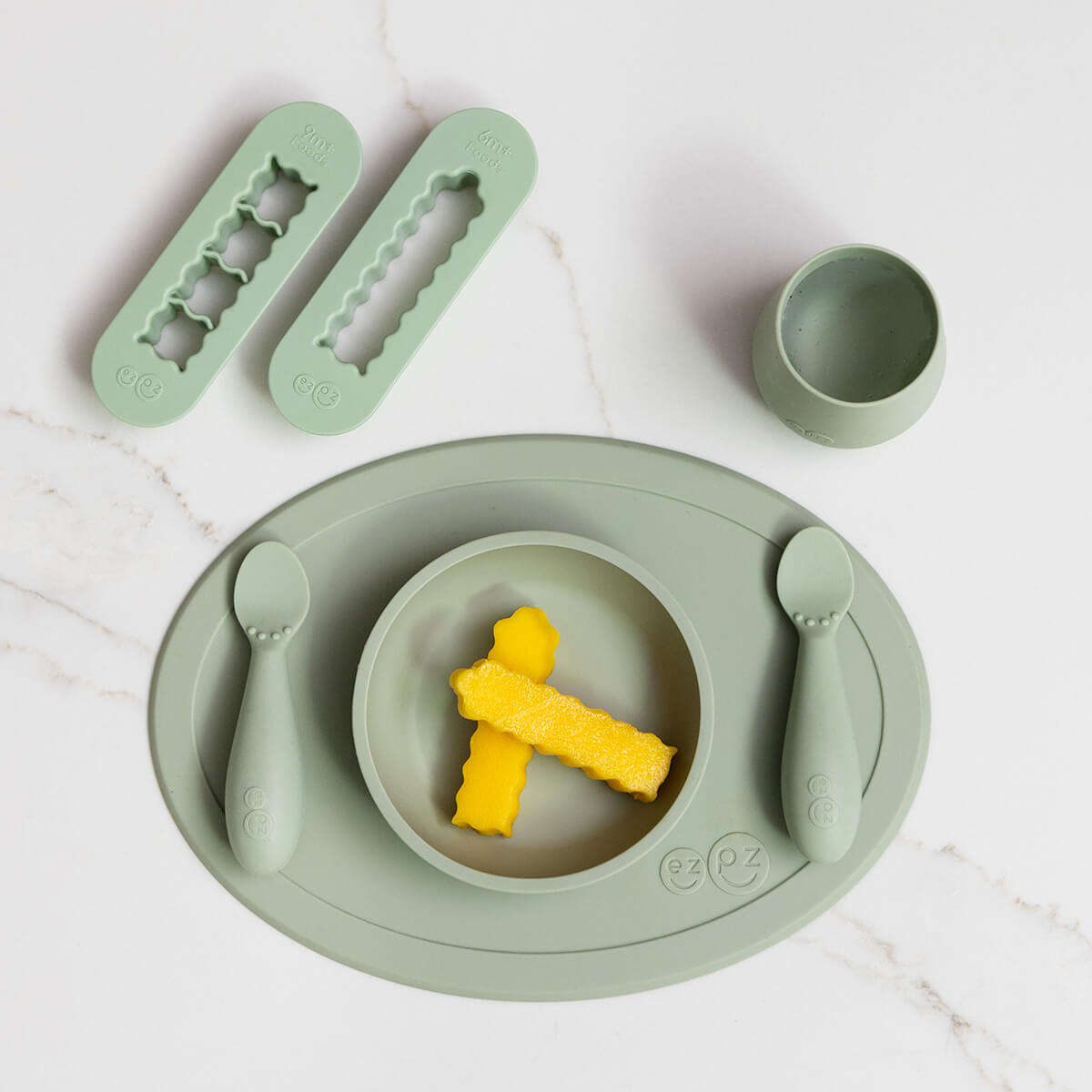 ezpz First Foods Set in Sage Green and Baby Led Food Cutters Bundle