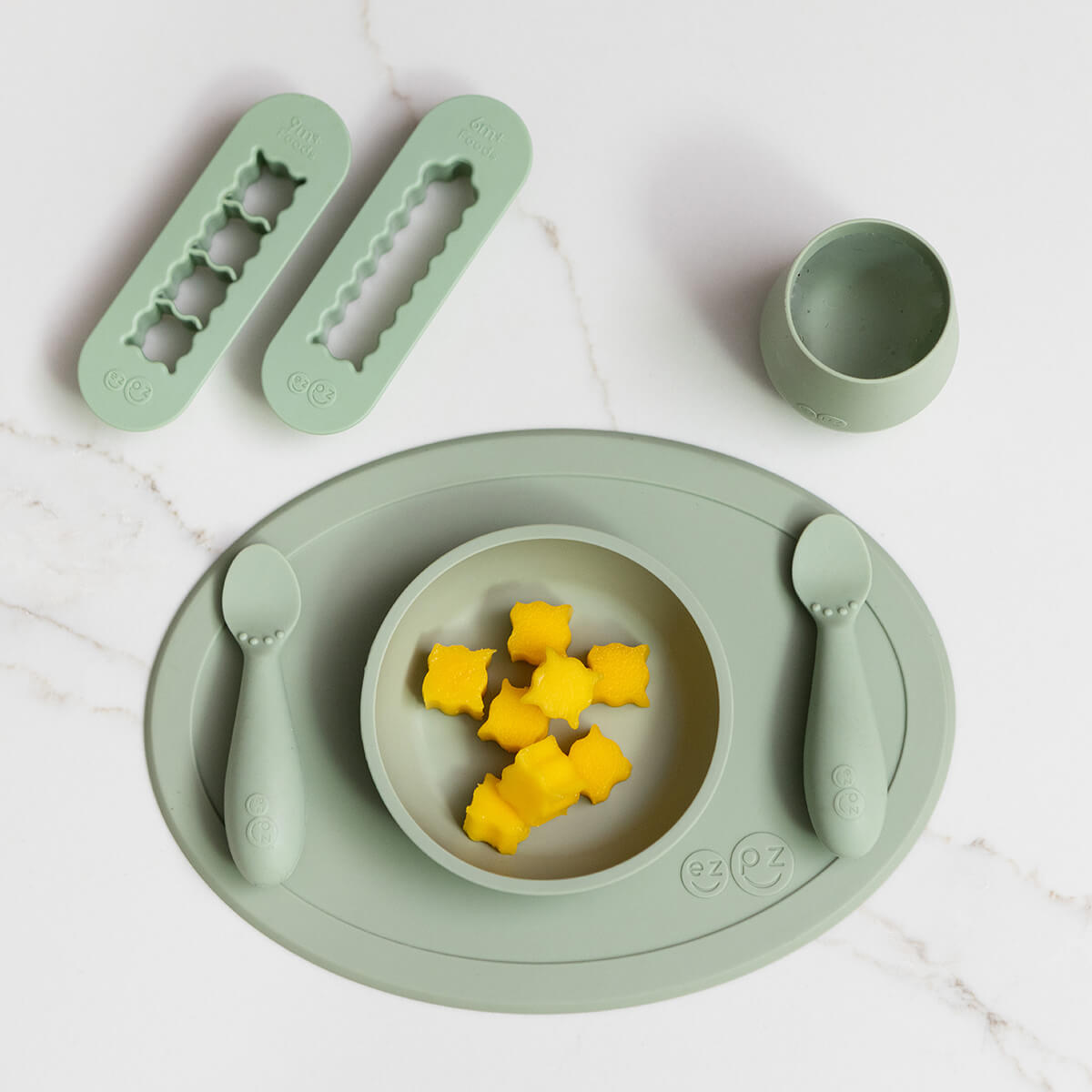 ezpz First Foods Set in Sage Green and Baby Led Food Cutters Bundle