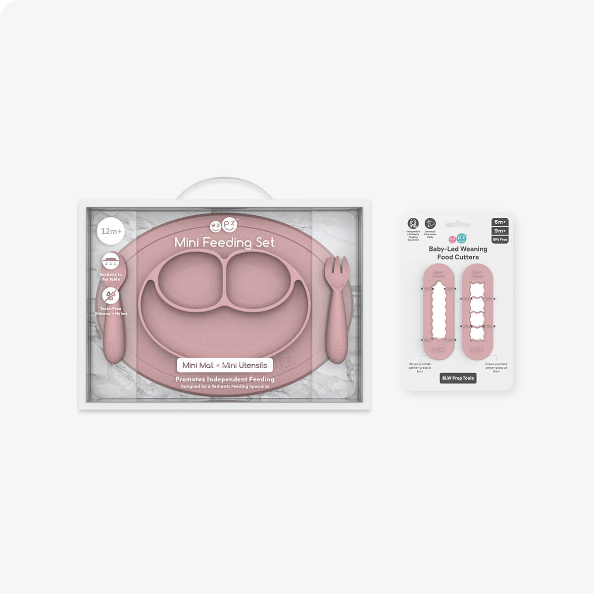 ezpz Mini Feeding Set and Baby Led Weaning Food Cutters in Blush Pink