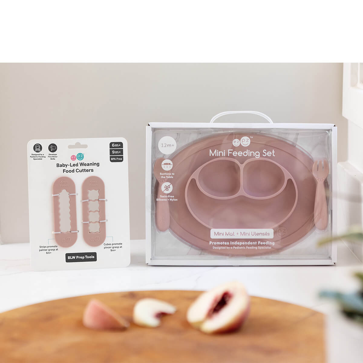 ezpz Mini Feeding Set and Baby Led Weaning Food Cutters in Blush Pink