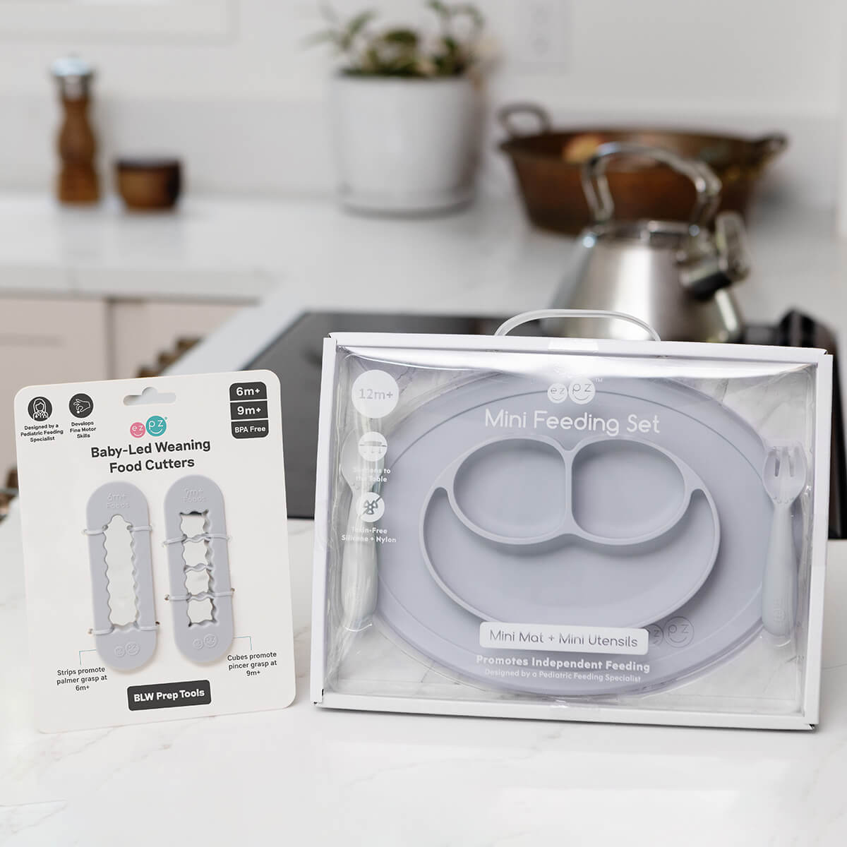 ezpz Mini Feeding Set and Baby Led Weaning Food Cutters in Pewter Gray