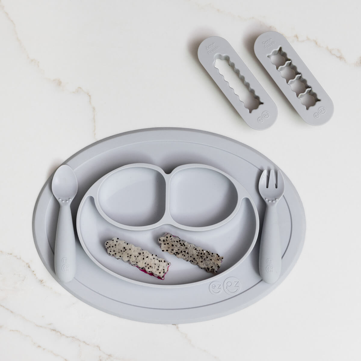 ezpz Mini Feeding Set and Baby Led Weaning Food Cutters in Pewter Gray