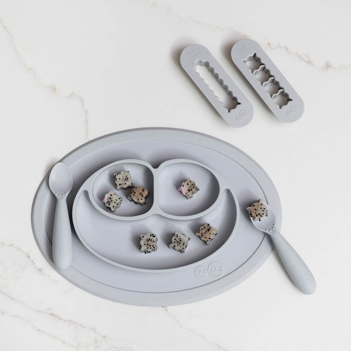 ezpz Mini Feeding Set and Baby Led Weaning Food Cutters in Pewter Gray