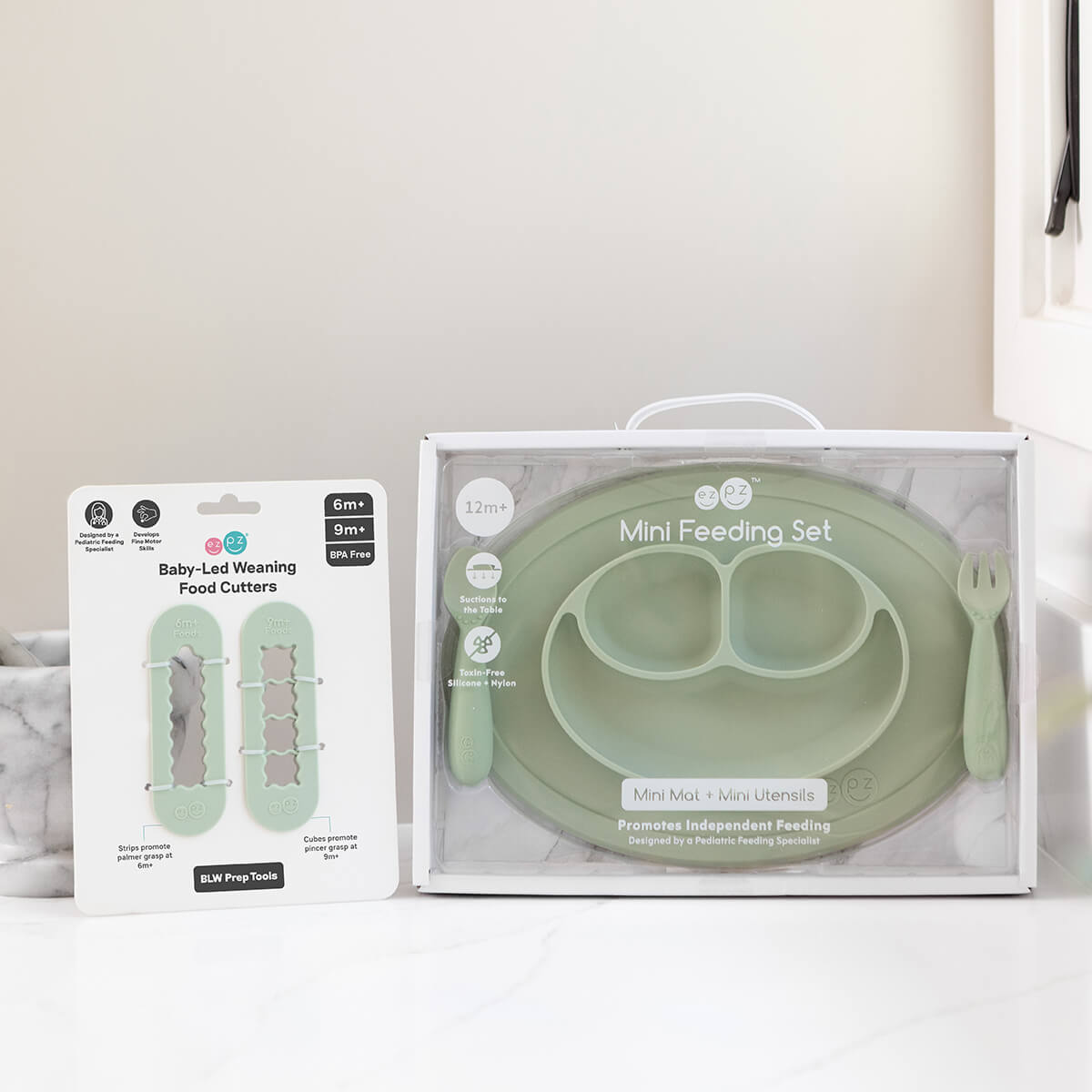 ezpz Mini Feeding Set and Baby Led Weaning Food Cutters in Sage Green