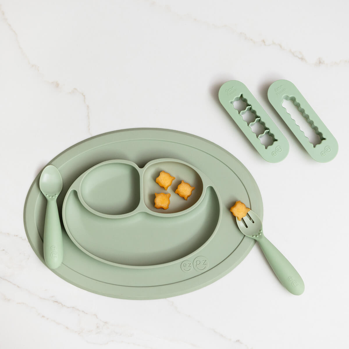 ezpz Mini Feeding Set and Baby Led Weaning Food Cutters in Sage Green