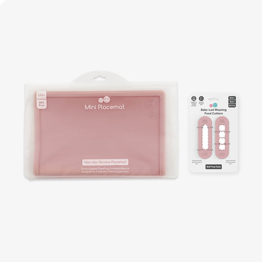 ezpz Mini Placemat in Blush Pink and Baby-Led Weaning Food Cutters Bundle for starting solids