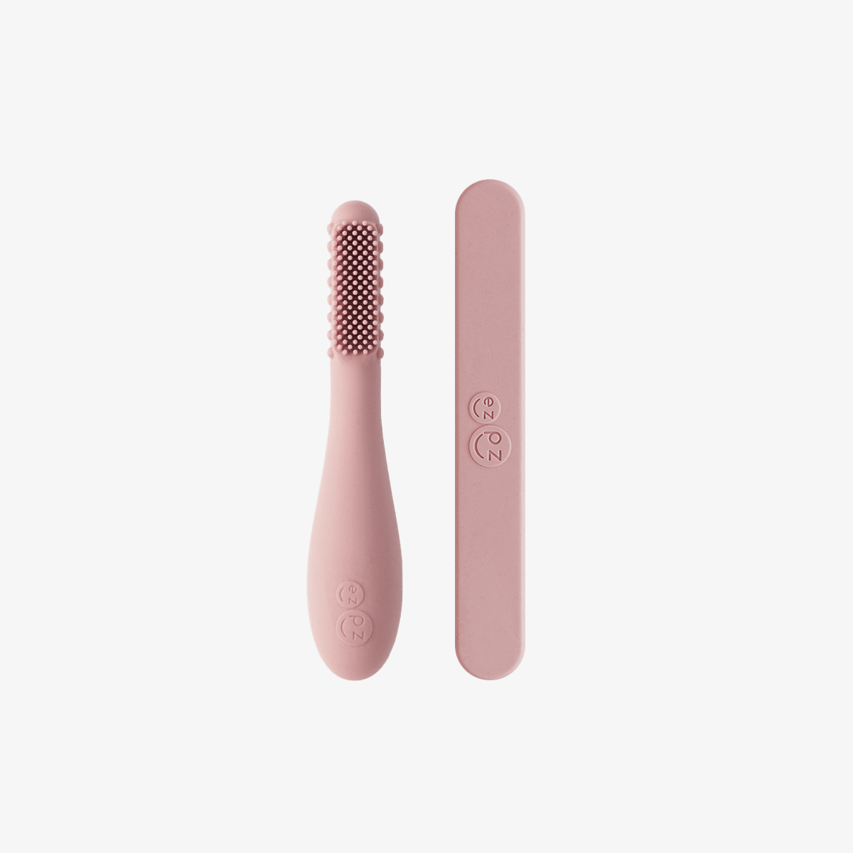 ezpz baby led toothbrush and sensory tongue depressor in blush pink