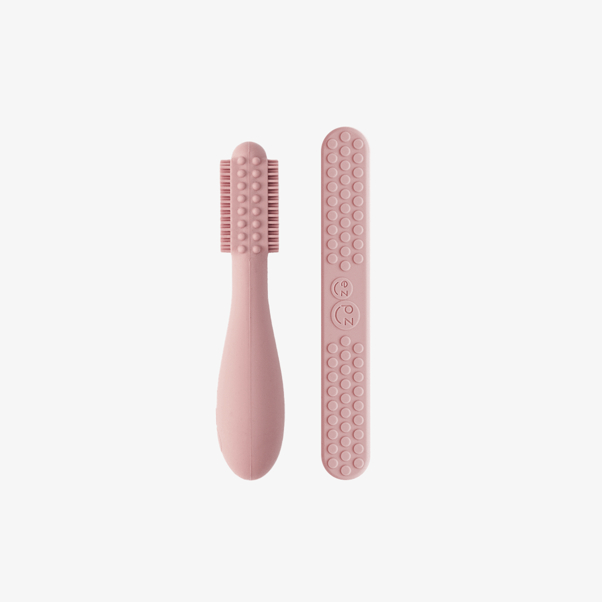 ezpz baby led toothbrush and sensory tongue depressor in blush pink