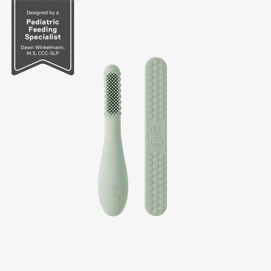 ezpz baby led toothbrush and sensory tongue depressor in sage green