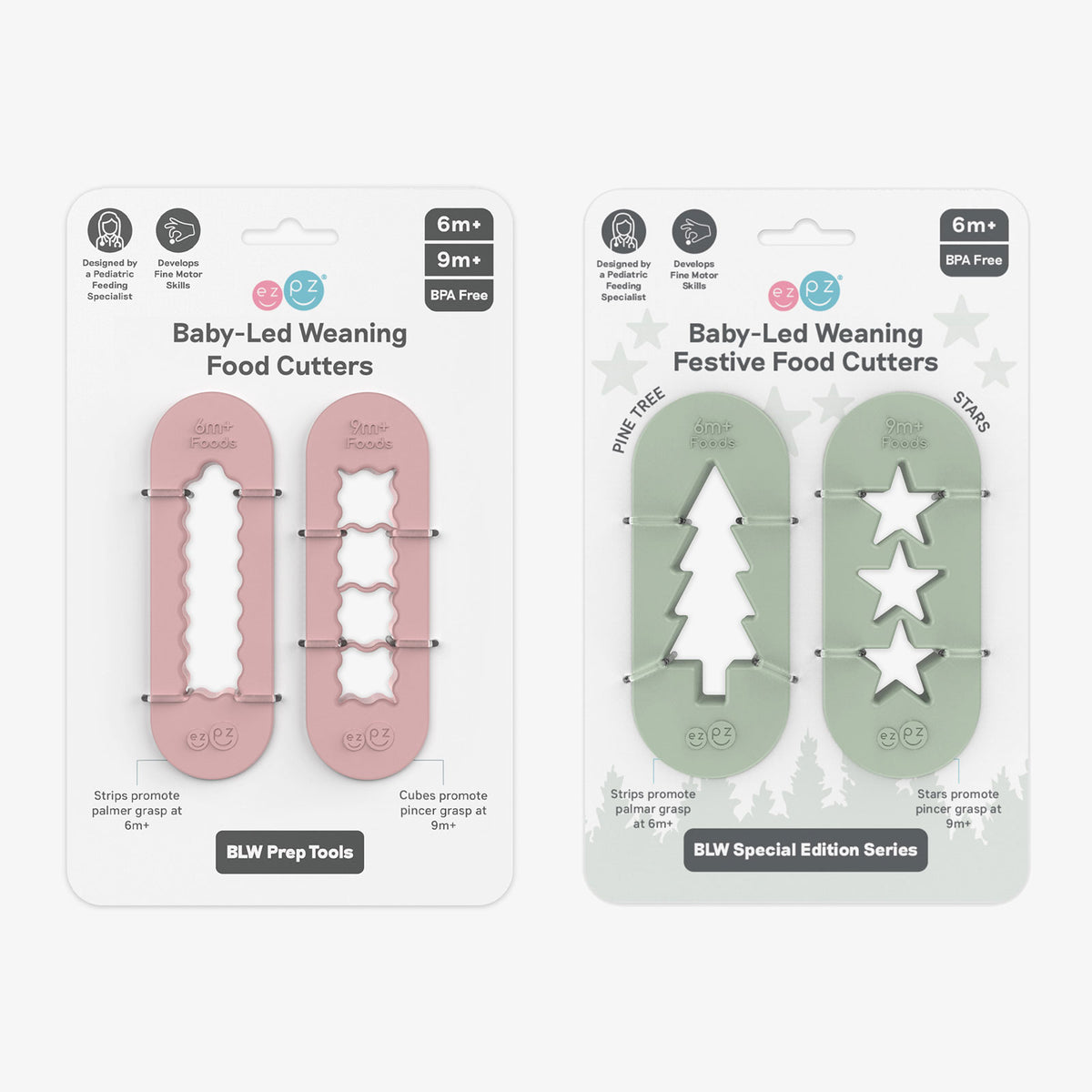 ezpz Baby-Led Weaning Festive Food Cutters to cut baby food into star and tree shapes Christmas-themed 