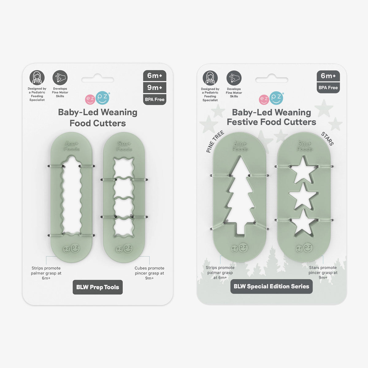 ezpz Baby-Led Weaning Festive Food Cutters to cut baby food into star and tree shapes Christmas-themed #color_sage-sage