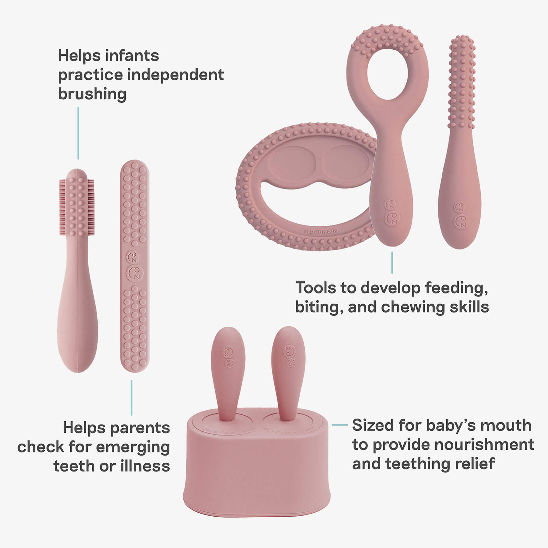 ezpz Developmental Kit Stage 1 in Blush Pink / ezpz Baby-Led™ Toothbrush + Sensory Tongue Depressor Dual Pack, Tiny Pops and Oral Development Tools 