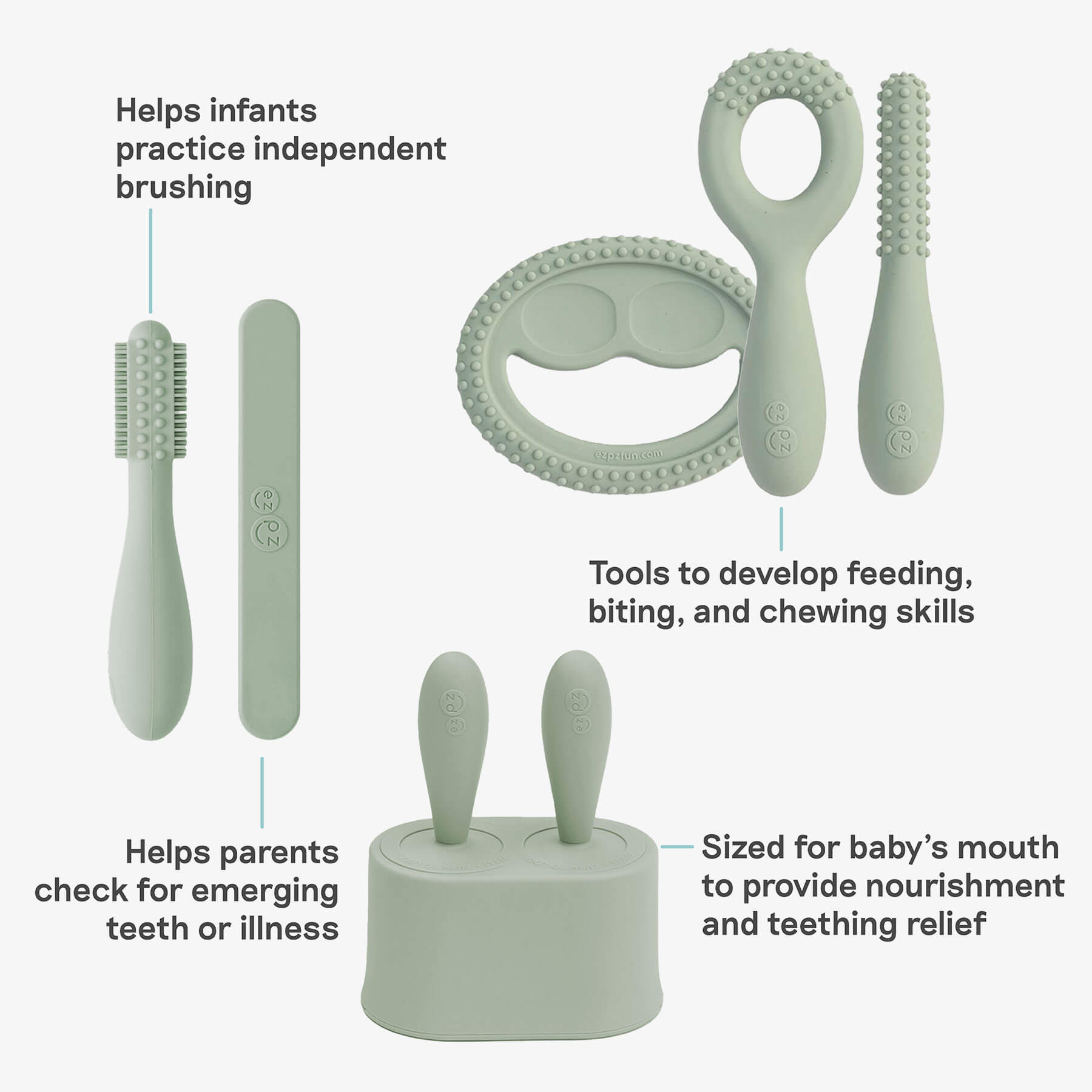 ezpz Developmental Kit Stage 1 in Sage Green / ezpz Baby-Led™ Toothbrush + Sensory Tongue Depressor Dual Pack, Tiny Pops and Oral Development Tools 
