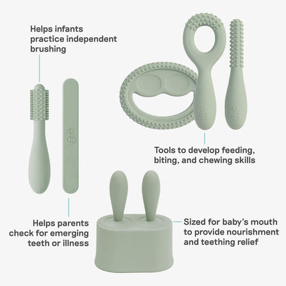 ezpz Developmental Kit Stage 1 in Sage Green / ezpz Baby-Led™ Toothbrush + Sensory Tongue Depressor Dual Pack, Tiny Pops and Oral Development Tools 