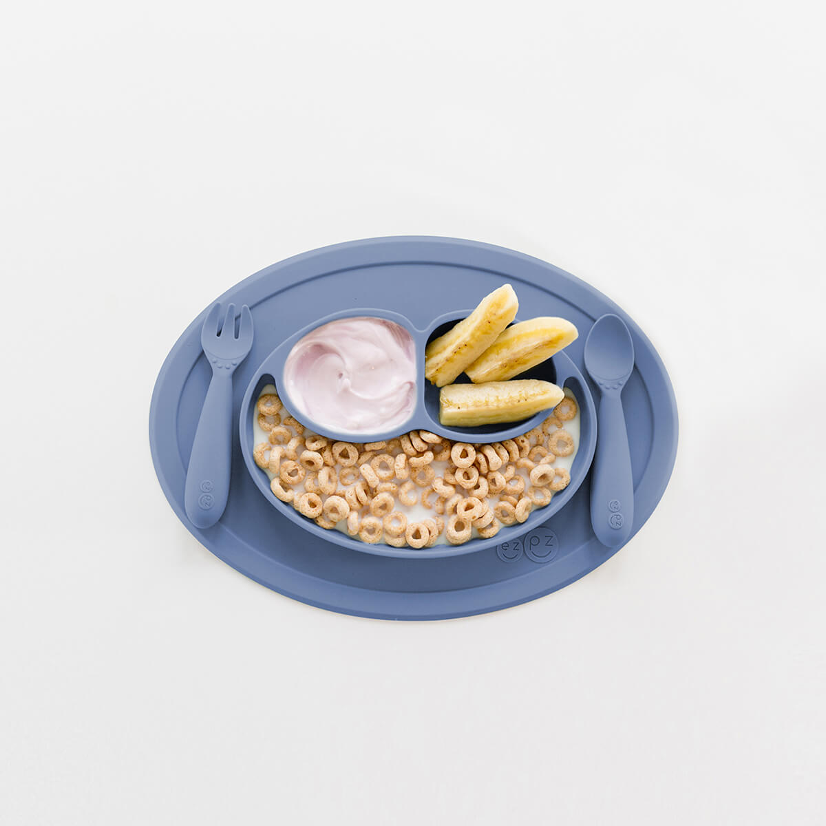 Mini Feeding Set in Indigo Blue by ezpz / Silicone Plate, Fork & Spoon for Toddlers