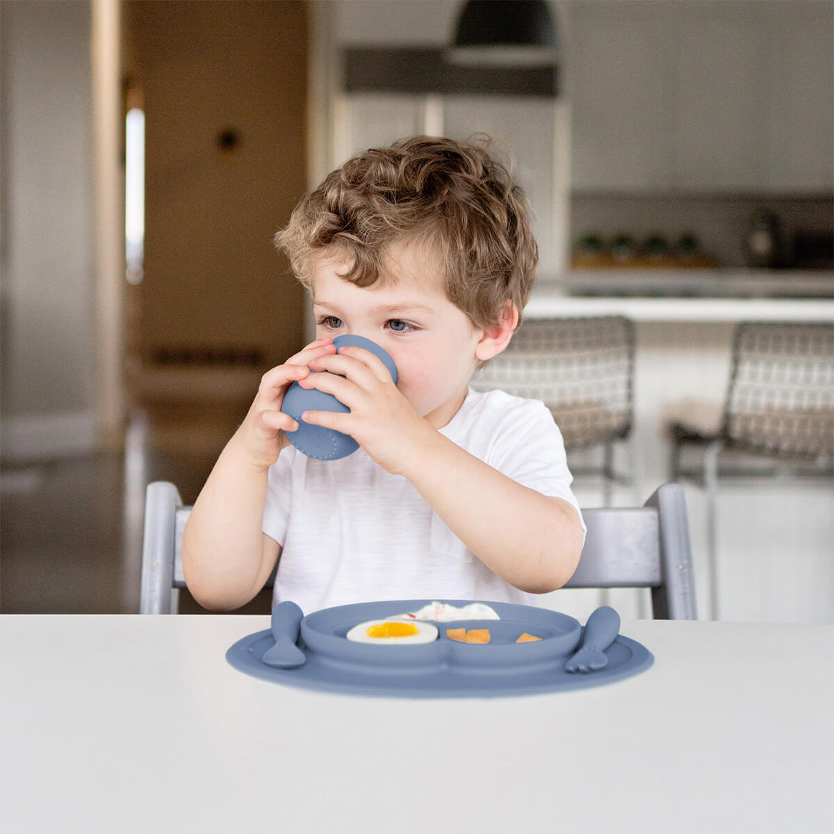 Mini Feeding Set in Indigo Blue by ezpz / Silicone Plate, Fork & Spoon for Toddlers