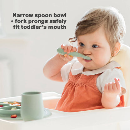 Mini Utensils by ezpz are made of silicone with a narrow spoon bowl and fork prongs that fit safely in a toddler's mouth