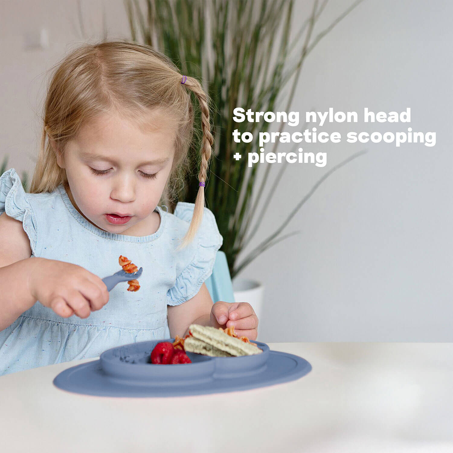 Mini Utensils by ezpz are made of silicone with a strong nylon head to practice scooping and piercing