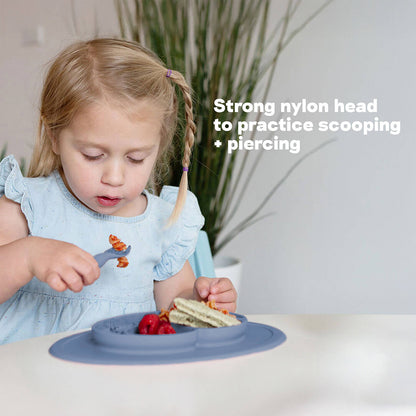 Mini Utensils by ezpz are made of silicone with a strong nylon head to practice scooping and piercing