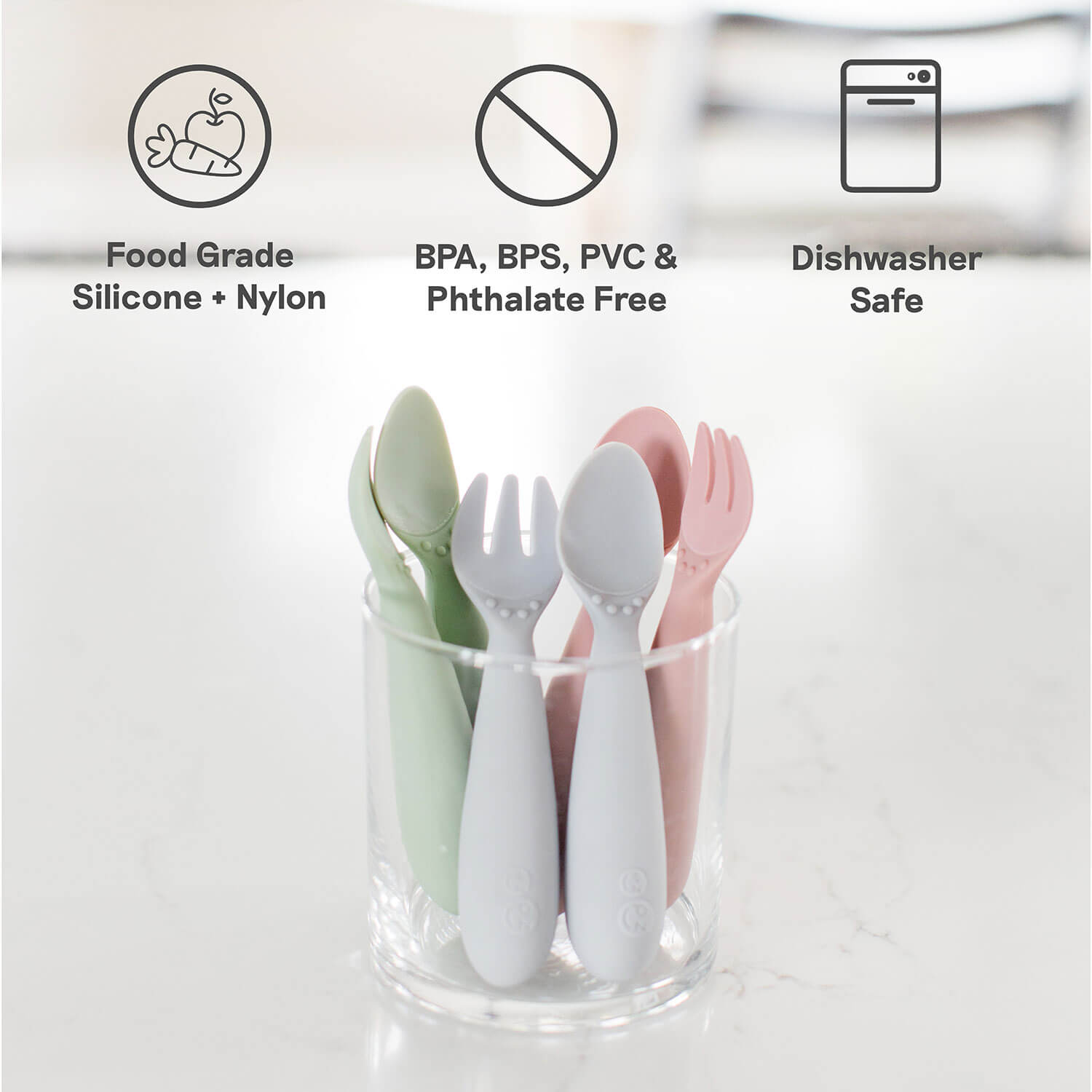 Mini Utensils by ezpz are made of silicone and food grade nylon, are free of BPAs, BPCs, PVCs and phthalates, and are dishwasher safe
