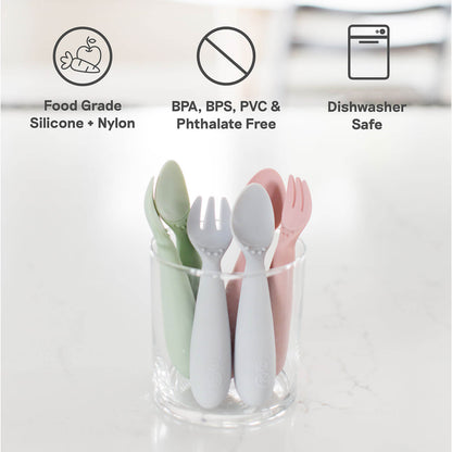 Mini Utensils by ezpz are made of silicone and food grade nylon, are free of BPAs, BPCs, PVCs and phthalates, and are dishwasher safe
