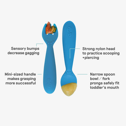 Mini Utensils in Blue by ezpz / Sensory Silicone Fork & Spoon for Toddlers 
