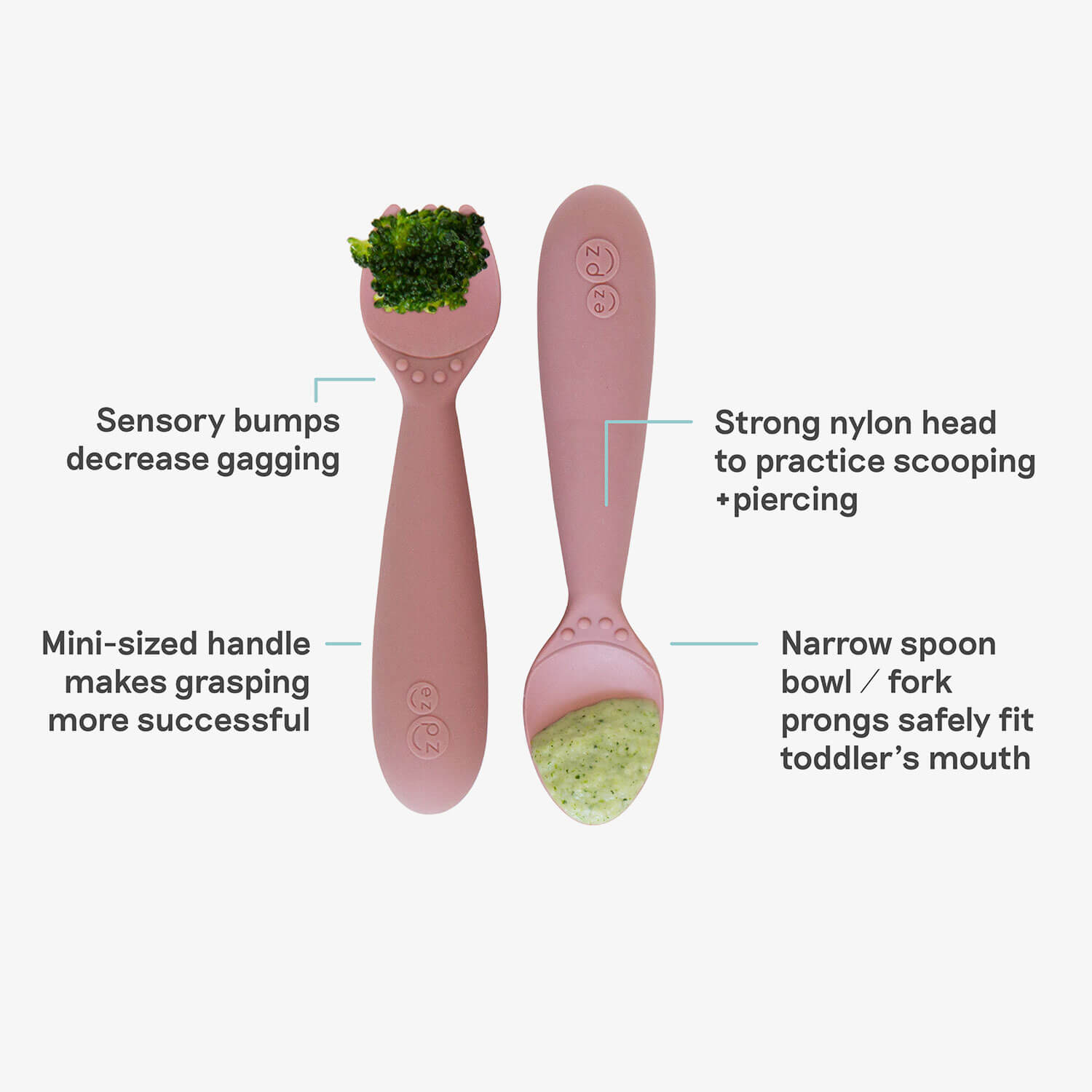 Mini Utensils in Blush Pink by ezpz / Sensory Silicone Fork & Spoon for Toddlers 