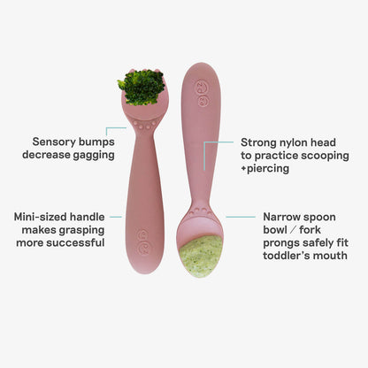 Mini Utensils in Blush Pink by ezpz / Sensory Silicone Fork & Spoon for Toddlers 