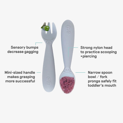 Mini Utensils in Pewter Gray by ezpz / Sensory Silicone Fork & Spoon for Toddlers 