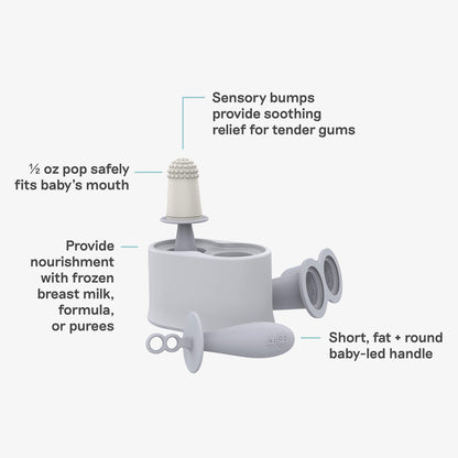 Tiny Pops by ezpz are pewter gray silicone popsicle molds for breastmilk and formula, with a half ounce portion and sensory bumps for safety, including a fat round baby-led handle 