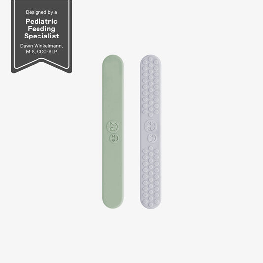 ezpz sensory tongue depressor in sage green and pewter gray / silicone tongue depressor for babies