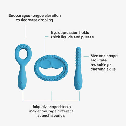 ezpz oral development tools in blue / silicone teethers for motor skill development 