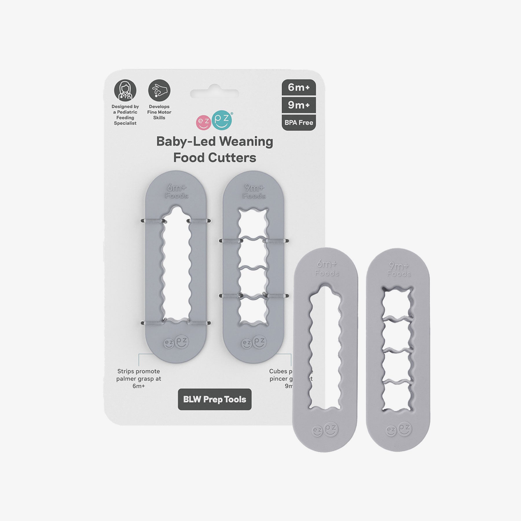 ezpz Baby-Led Weaning Food Cutters in Pewter Gray / 6 months and 9 months feeding milestones 