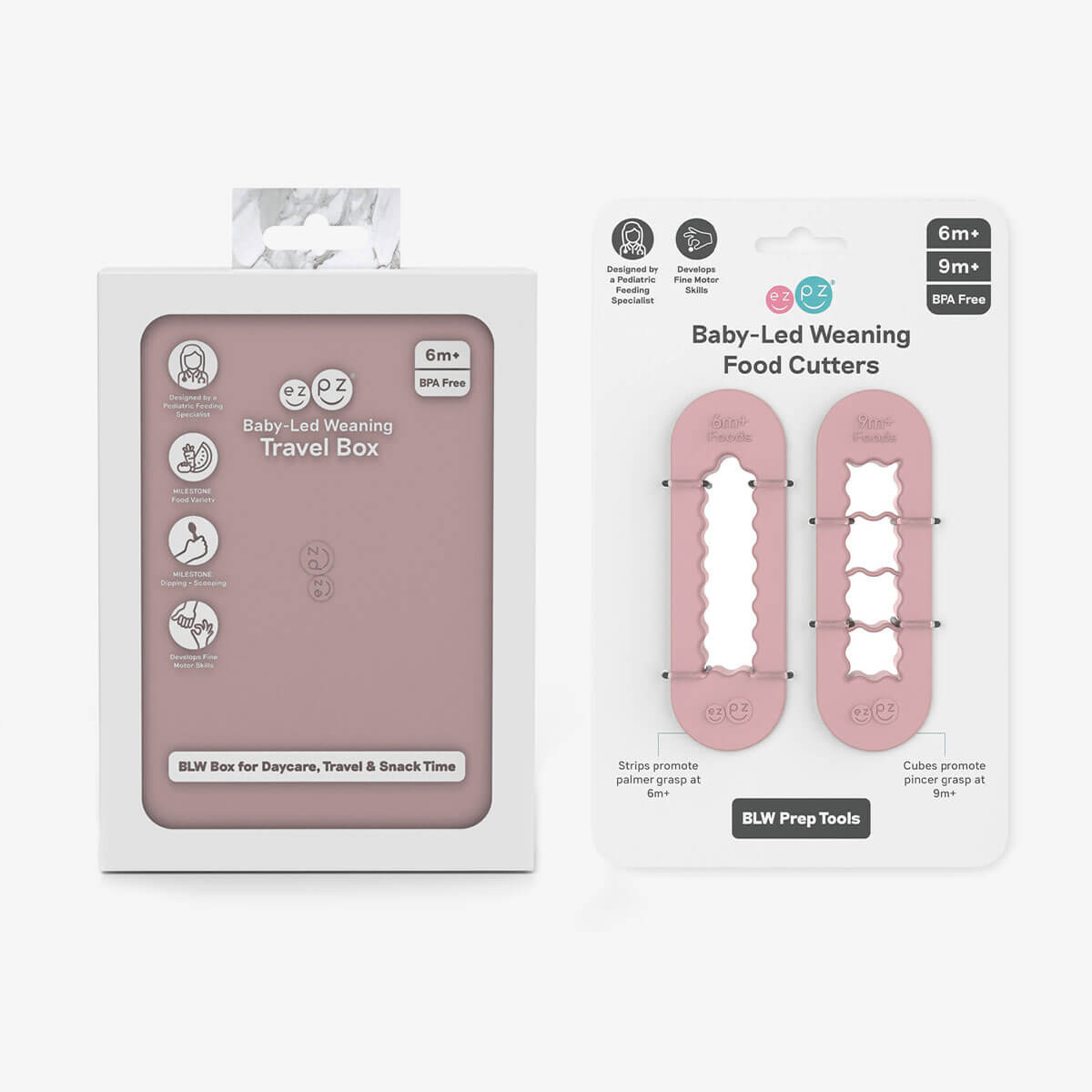 ezpz baby-led weaning travel box and food cutters in blush pink is an all-in-one feeding + storage system that helps families pack, transport, and serve baby’s meals when away from home 