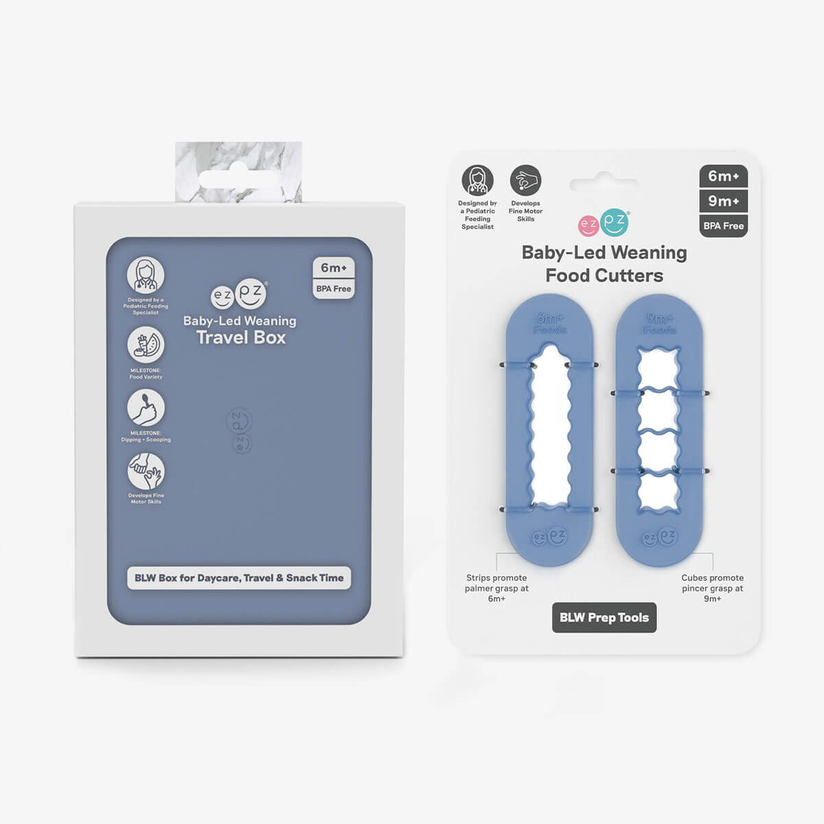 ezpz baby-led weaning travel box and food cutters in indigo blue is an all-in-one feeding + storage system that helps families pack, transport, and serve baby’s meals when away from home 