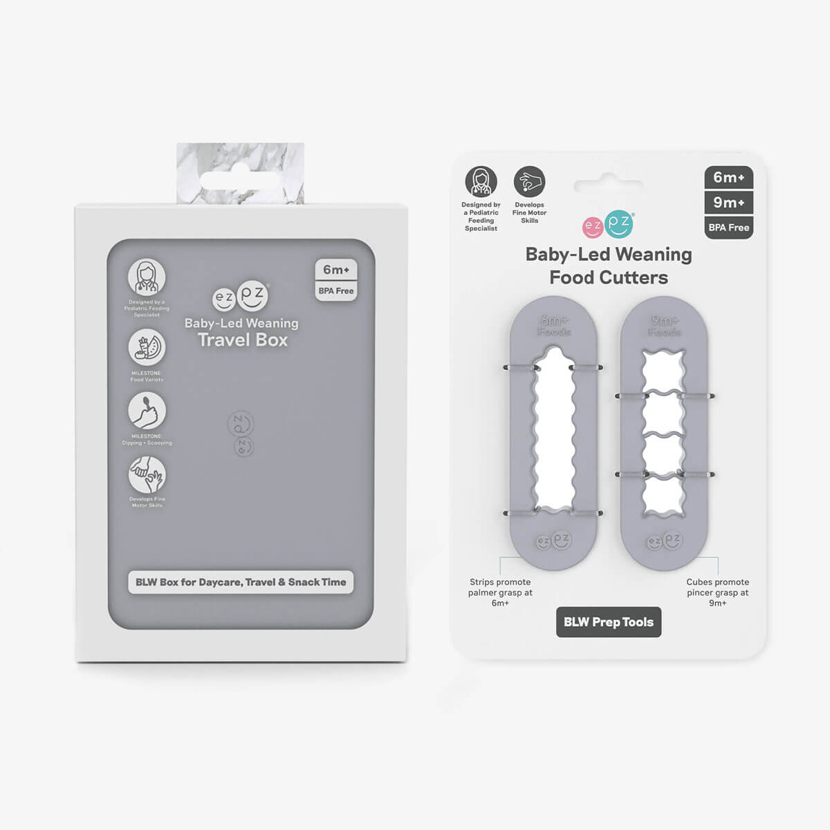 ezpz baby-led weaning travel box and food cutters in pewter gray is an all-in-one feeding + storage system that helps families pack, transport, and serve baby’s meals when away from home 